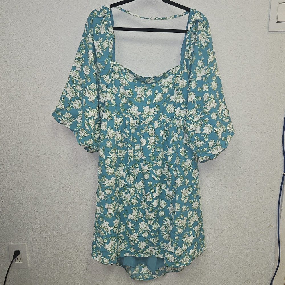 Davi & Dani - Floral Blue Dress with White Flowers - 2X